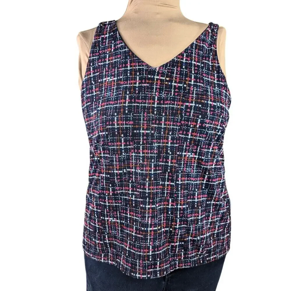 Chico's 2 (Large) Sleeveless Lined Navy Blue V-Neck Geometric Pattern Top